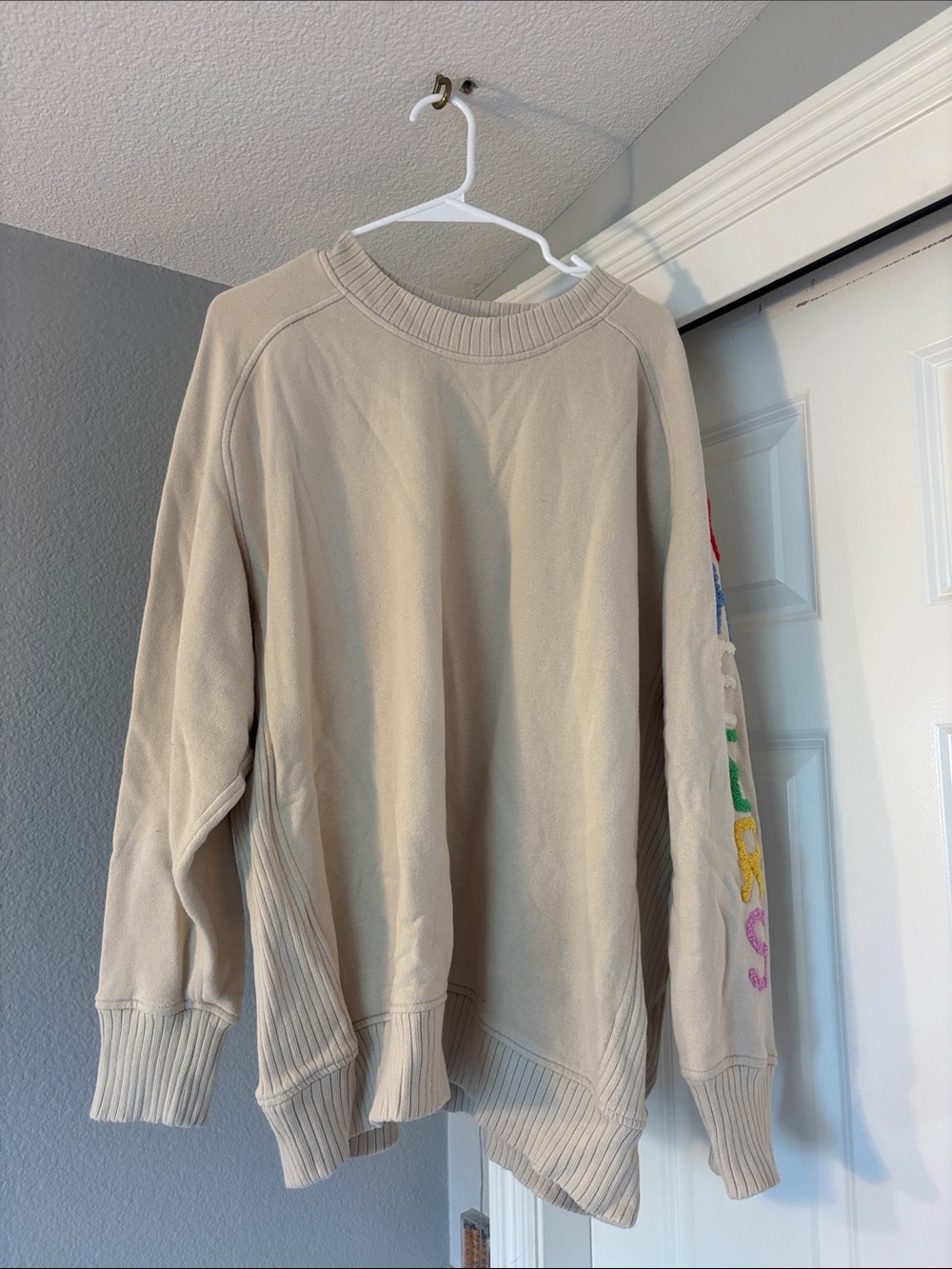 aerie Beige Crewneck Sweater with Multicolor Sleeve Letters